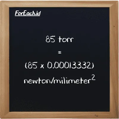 Cara konversi torr ke newton/milimeter<sup>2</sup> (torr ke N/mm<sup>2</sup>): 85 torr (torr) setara dengan 85 dikalikan dengan 0.00013332 newton/milimeter<sup>2</sup> (N/mm<sup>2</sup>)